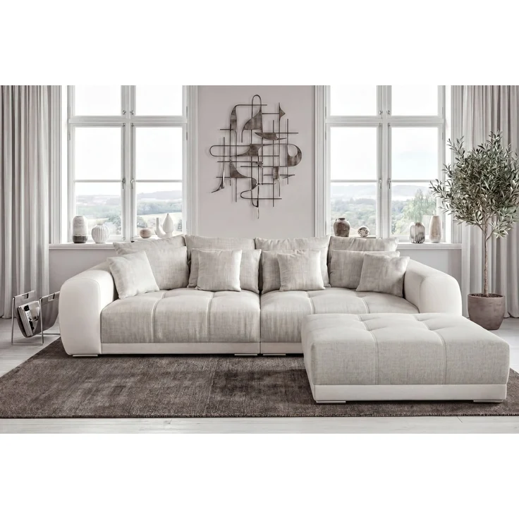 Polsterhocker XXL für Big-Sofa, Federkern Kunstleder Weiß + Webstoff Grau Beige – Bild 3