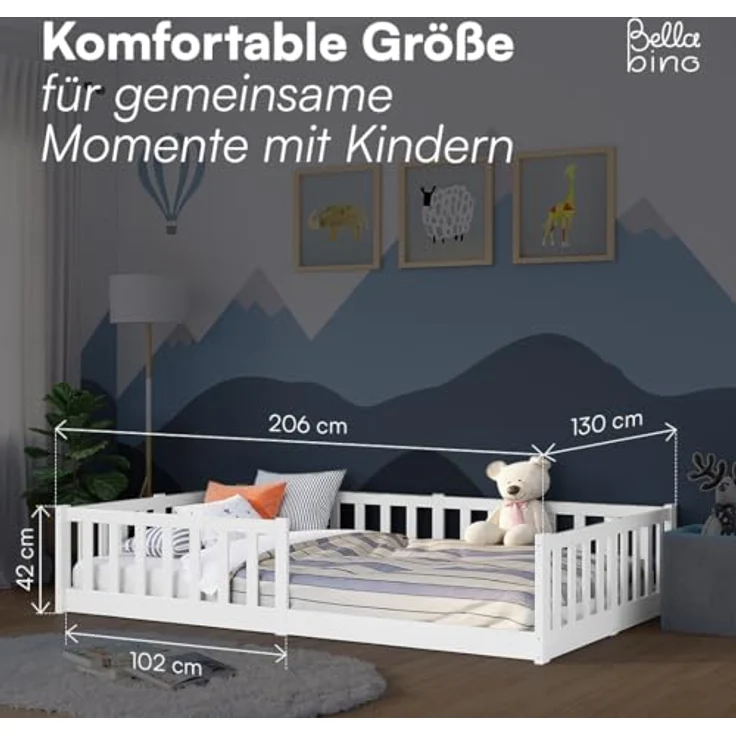Bellabino Vere Bodenbett 120x200 cm – Montessori Kinderbett mit Rausfallschutz & Lattenrost, Massives Boden Bett für Jungen & Mädchen aus Holz Kiefer – Kleinkindbett in Weiß – Bild 8