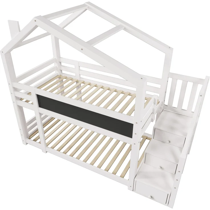 Kinder-Etagenbett "Baumhaus" 97x256x223 cm, Weiß, mit Tafel & Staufachtreppe – Bild 8
