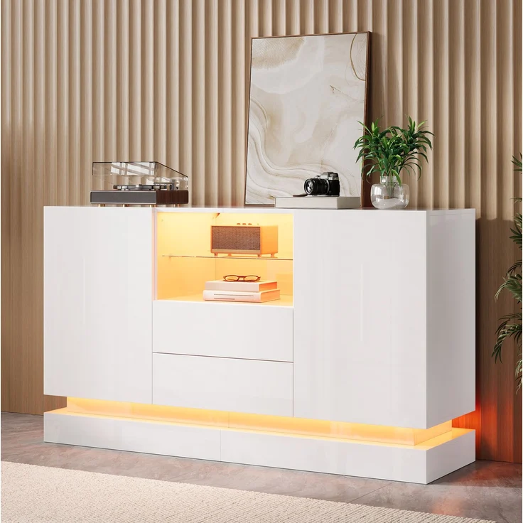 DESVIAE Sideboard Weiß aus Spanplatte – 140x80x40 cm – 2 Schubladen, LED-Beleuchtung – Bild 6