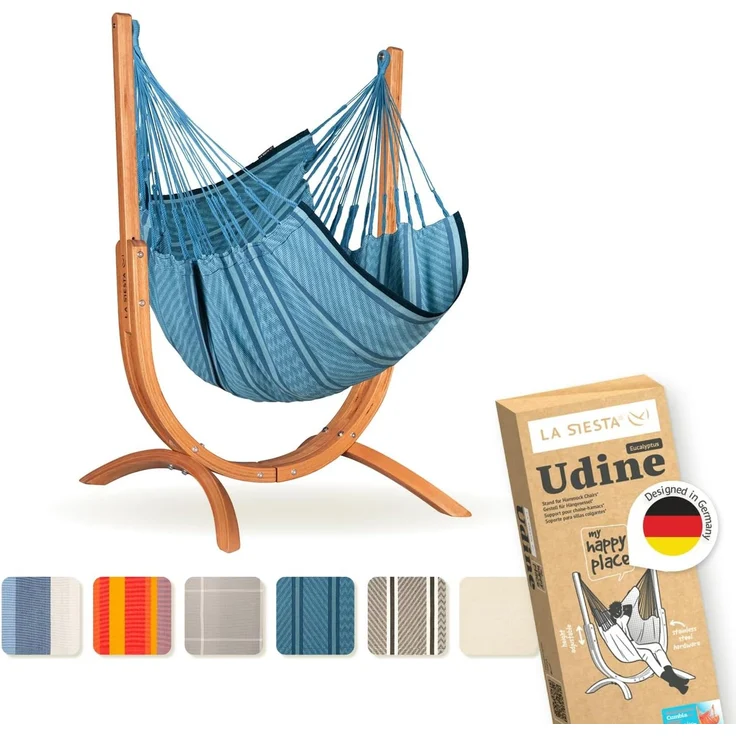 La Siesta 'Udine Organic Zebra' Hängesessel, blau, Bio-Baumwolle mit Eucalyptus-Gestell, 115 x 180 x 125 cm – Bild 1