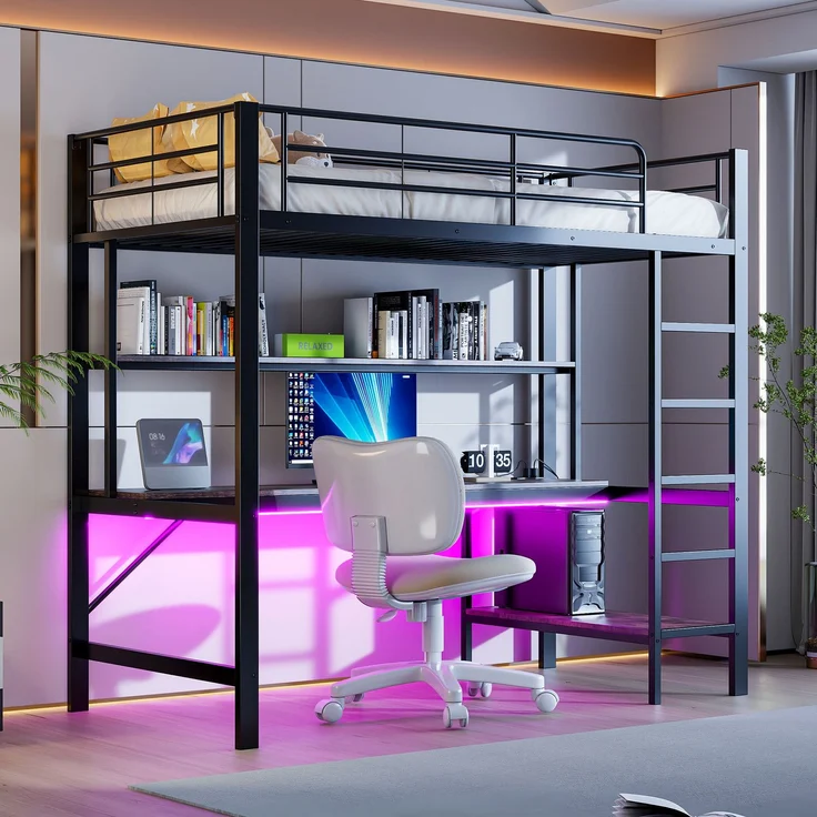 Hochbett 90x200 cm, Kinderbett und Jugendbett, mit Schreibtisch, mehrstöckigem Regal, LED-Licht und USB/Steckdose, Metall, Schwarz – Bild 2