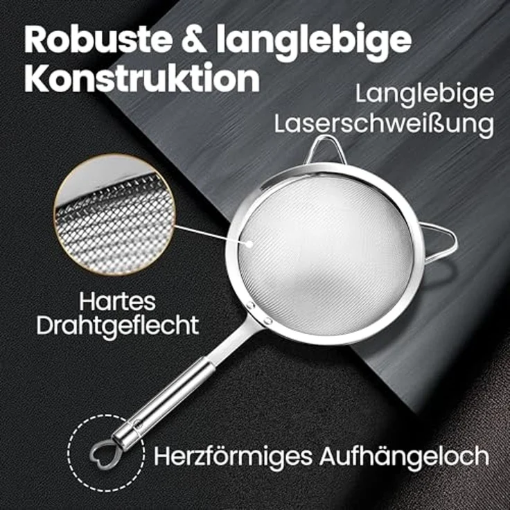 Küchensieb - Edelstahl, Sieb-Set, Edelstahl, 3-teilig: Mehlsieb, Nudelsieb und Silikon-Dosensieb – Bild 4