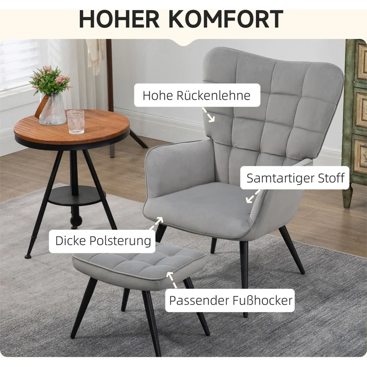 Ohrensessel mit Hocker, Loungesessel Relaxsessel Polstersessel Samtoptik Fernsehsessel Esszimmerstuhl bis 120 kg hellgrau--Hellgrau--73x77.5x98cm--YOUDENOVA – Bild 4
