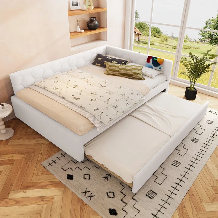 Schlafsofa mit Bettfunktion, Gästebett und Lattenrost, 140x200 cm, Polsterbett, Doppelbett, Jugendbett, Bezug aus Vlies