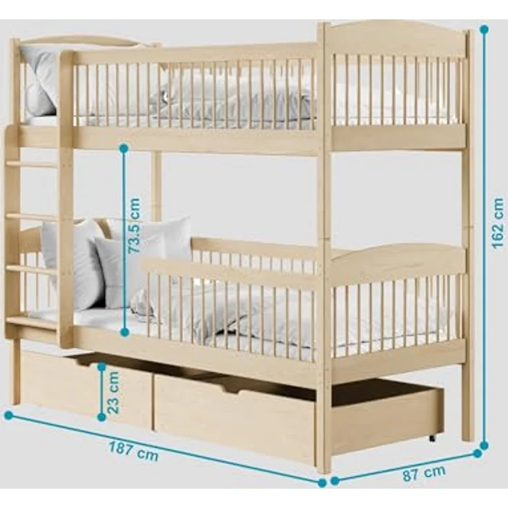 Kids Collective Kinderbett Hochbett Etagenbett 80x180, 90x190, 90x200 cm, mit 2 Schubladen, 80x180 cm von 3. bis 12. Lebensjahr, Natur – Bild 3