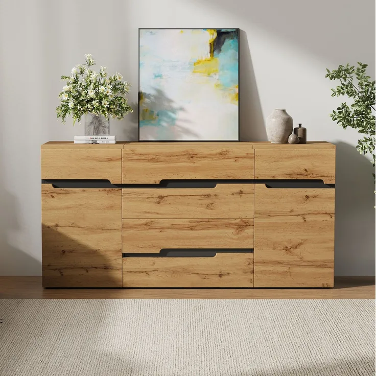 DESVIAE Sideboard mit 2 Türen und 4 Schubladen 160x80x40 cm Spanplatte Holzoptik Schwarz