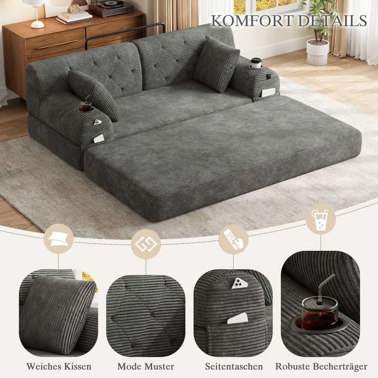 TavilaEcon 2-Sitzer Schlafsofa, komprimiertes Cord Sofa mit hoher Rückenlehne grau 81 × 80 × 168 cm (H × T × B) – Bild 7