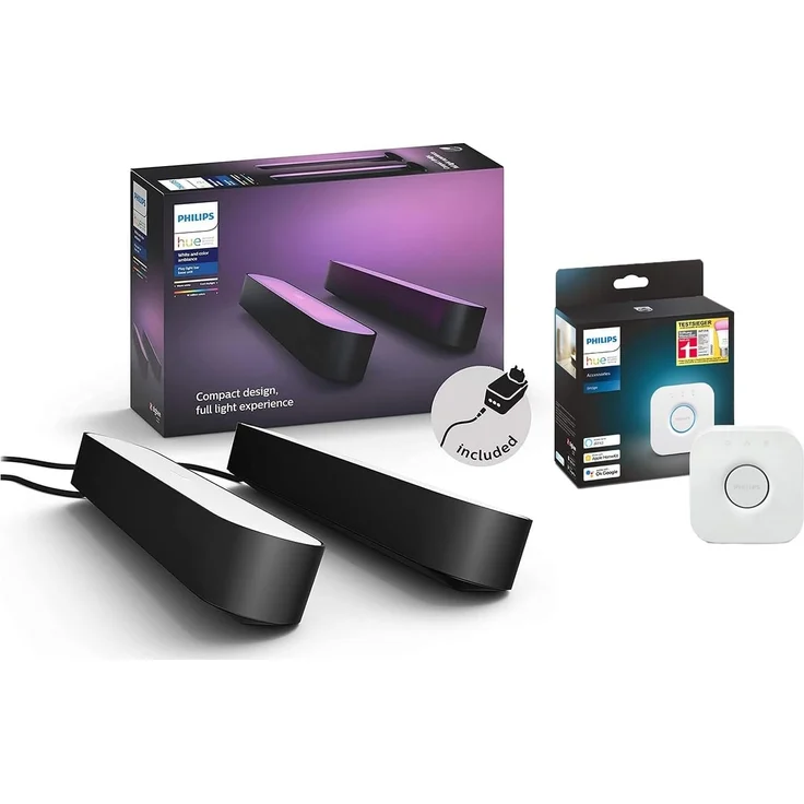 Philips Hue White & Color Ambiance Play Lightbar 2er Pack (500 lm) und Hue Bridge, dimmbare LED-Lightbar für das Hue Lichtsystem mit 16 Mio. Farben, smarte Lichtsteuerung über Sprache oder App,schwarz – Bild 2