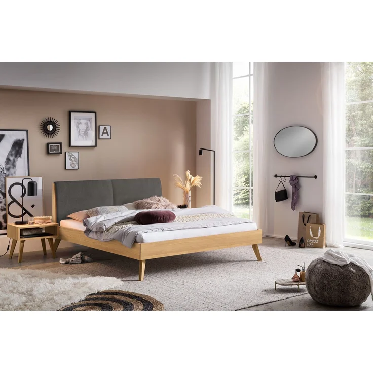 Hasena Massivholzbett Simone Eiche bright mit Polster-Kopfteil, Bezug Pace Grey 160x200 cm, Komforthöhe 25 cm – Bild 2