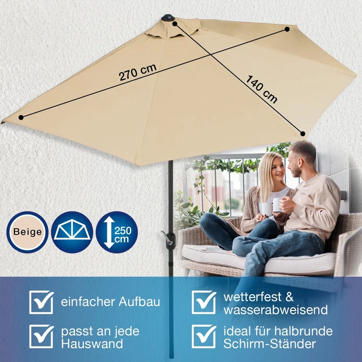 easy_maxx EASYmaxx Sonnenschirm halbrund, 270 x 140 x 235 cm , Braun/Beauty – Bild 3