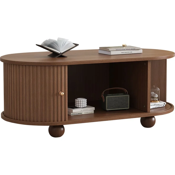 Ovaler Couchtisch aus MDF mit Stauraum und Schiebetür, 100x50x40 cm, Walnuss – Bild 5