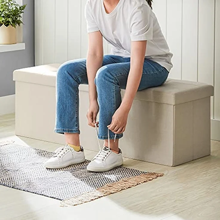 Sitzbank mit Stauraum, 110 cm, klappbare Sitztruhe, Aufbewahrungsbox, Fußbank, Beige – Bild 5