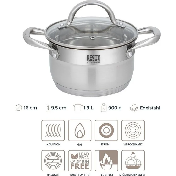 RESTO Kitchenware Kochtopf Rigel, Topf spülmaschinenfest, Edelstahl 18/10 (2-tlg), mit hitzebeständigem Glasdeckel, im Geschenkkarton – Bild 3