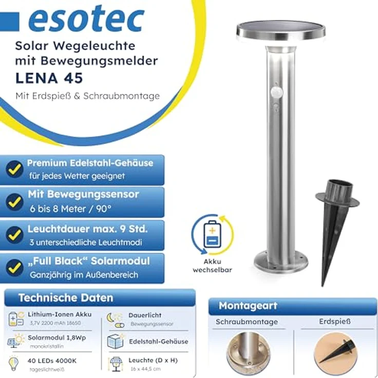 Esotec Solar Gartenbeleuchtung Aussenlampe LENA, Edelstahl, mit Bewegungsmelder, 3 Modi, 40 LEDs, 4000K neutralweiß, H44,5cm, Erdspieß & Schraubsockel – Bild 2