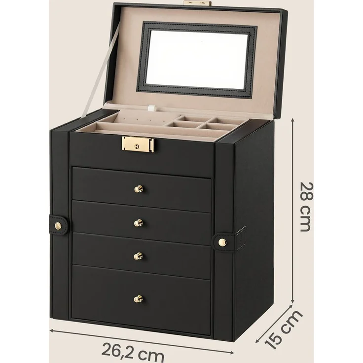 SONGMICS Schmuckbox mit 5 Ebenen, Schmuckkasten, mit Innenspiegel, abschließbar, schwarz – Bild 5