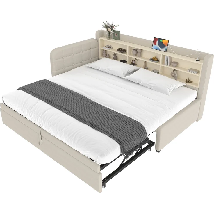 Daybett 90x200 cm mit Ausziehbett, Schlafsofa mit USB & Typ-C Ladeanschluss, multifunktionales, Leinenstoff Beige – Bild 8