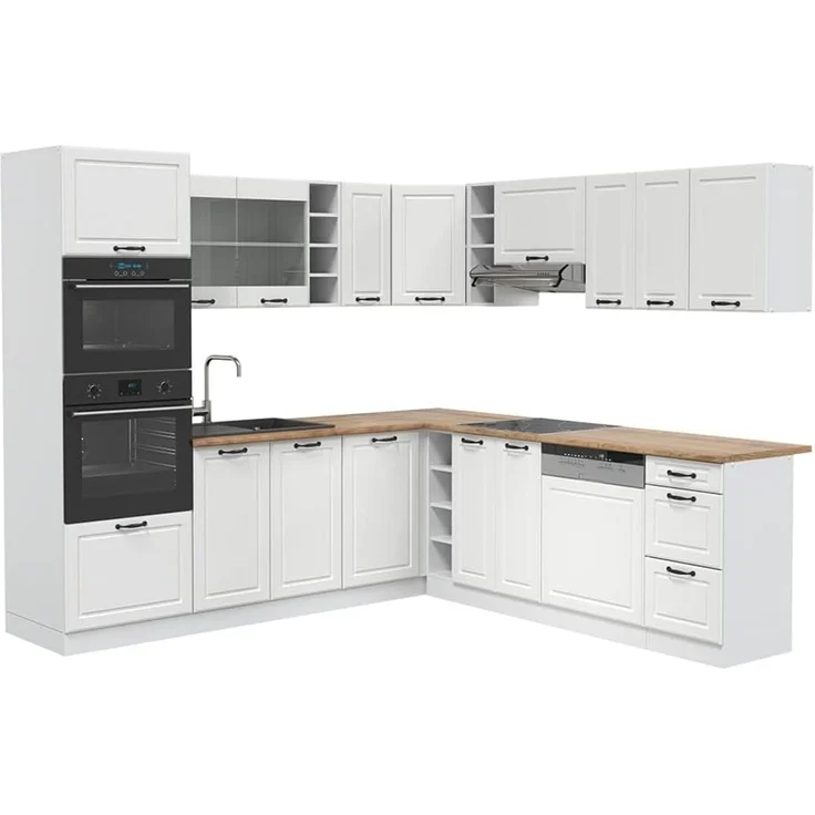 Eckküche R-Line Weiß Landhaus/Weiß 247 x 237 cm ohne Arbeitsplatte Vicco – Bild 1