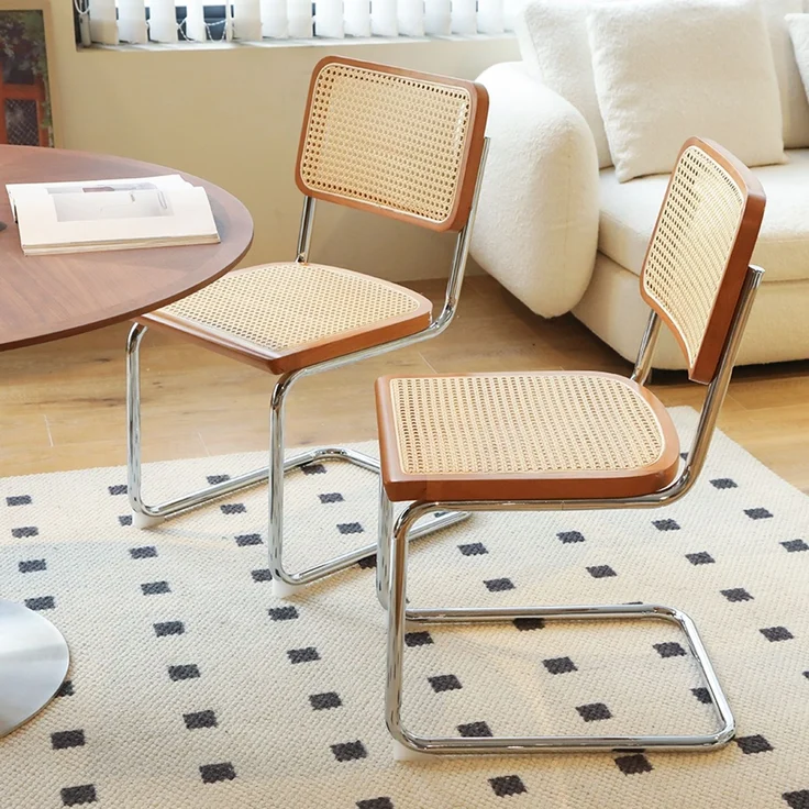LVHOM 2er Set Freischwinger, Esszimmerstuhl mit Wiener Geflecht, Bauhaus Küchenstuhl aus Natur-Rattan, 25mm Chromgestell, stapelbarer Wohnzimmerstuhl, Braun – Bild 2