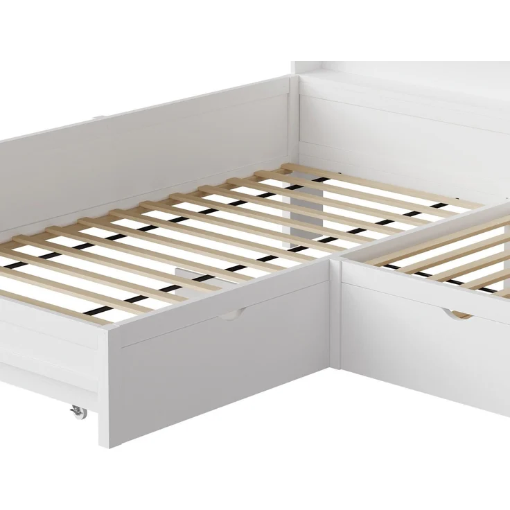 Bett mit LED-Streifen, 3 Schlafgelegenheiten, Regal, Schubladen und Gästebett, 90x200 cm, Holzbett, Jugendbett mit 2 Lattenrosten, L-Form – Bild 9