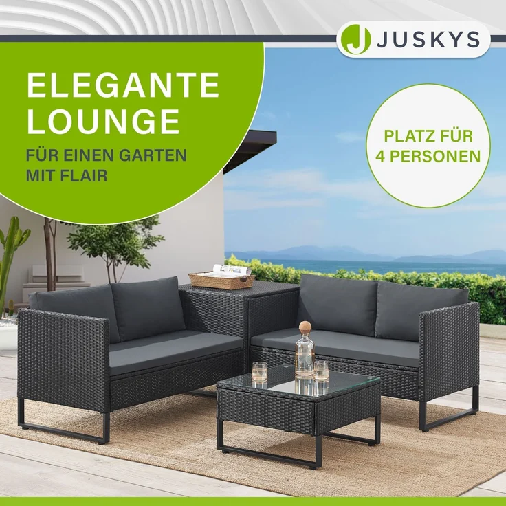 Juskys Outdoor Polyrattan Lounge Santorini - Gartenlounge mit Beistelltisch & Auflagenbox - Gartenmöbel Set Rattan Sitzecke wetterfest - Schwarz – Bild 4