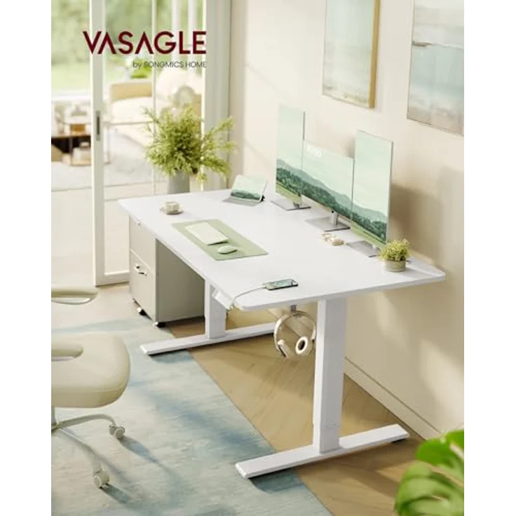 VASAGLE Höhenverstellbarer Schreibtisch, 140x80 cm, USB-C-Anschluss, Ablage für Steckdosenleiste, Stehtisch, Erinnerung bei langem Sitzen, 3 Speichertasten, für Büro, mattweiß LSD144WZ02 – Bild 3