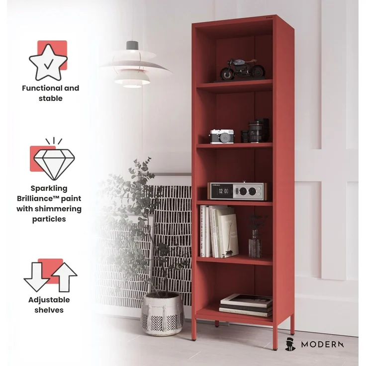 Jan Nowak Bücherregal Metall - Mario | Stabiles Regal Industrial mit 4 höhenverstellbaren Einlegeböden (4x30 kg) und Wandmontage | Hochregal Glitzernd, Regal Schmal | 50 x 180 x 35 cm | Rot – Bild 3