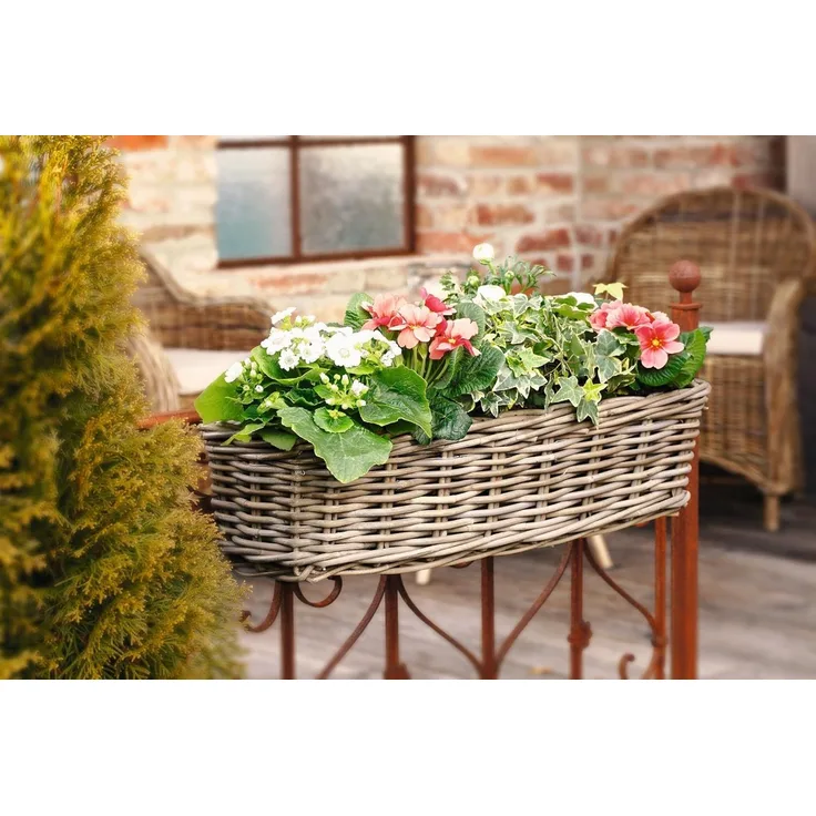 Rattan Pflanzkasten "Koboo Grey" groß, grau, Balkonkasten mit Halterung, Blumenkasten für Draußen, Pflanzgefäß