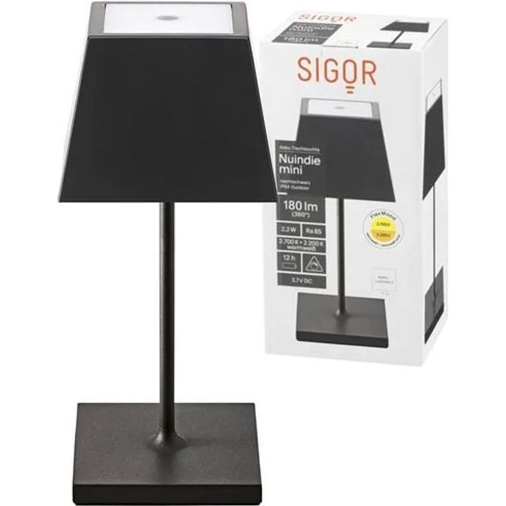 SIGOR Nuindie mini - Dimmbare kleine LED Akku-Tischleuchte Indoor & Outdoor mit eckigem Schirm, IP54 spritzwassergeschützt, Höhe 25 cm, aufladbar mit Easy Connect, 12 h Leuchtdauer, nachtschwarz