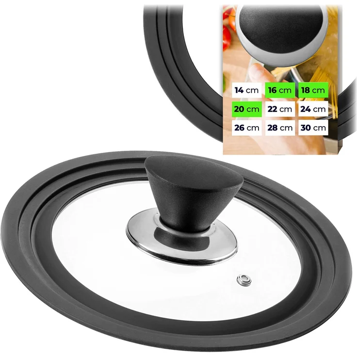 KADAX Universaldeckel 16/18/20 cm, Universal Deckel für Töpfe & Pfannen, Pfannendeckel, Glasdeckel mit Silikonrand und Dampfloch, Topfdeckel (Silber/Schwarz) – Bild 1