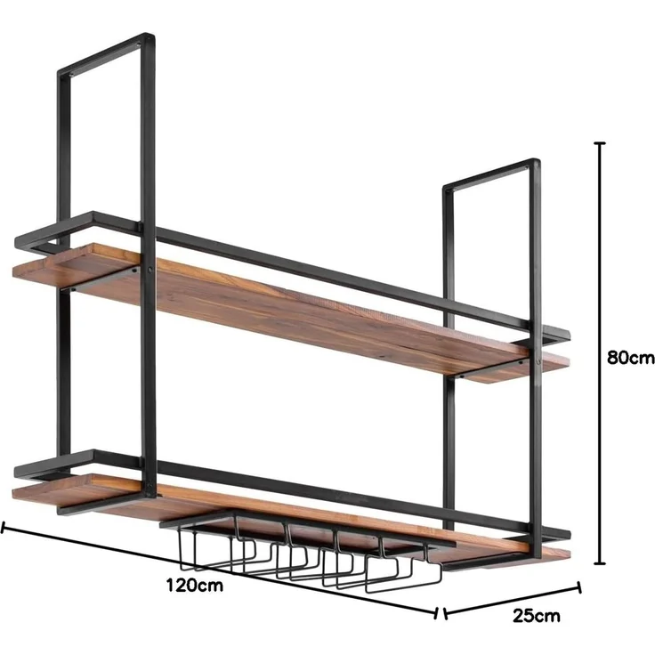 Hängeregal massivum Aro 120 cm Metall Holz braun Deckenregal mit Glashalter Küchenregal Barregal Industrial Design 120x80x25 cm – Bild 7
