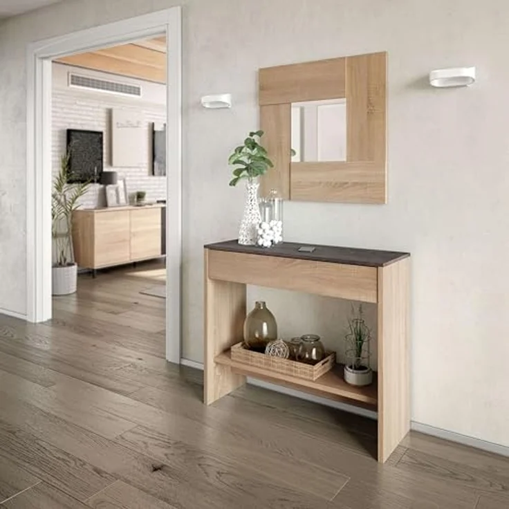 Habitdesign Konsolentisch mit Schublade und Spiegel – Flurablage in kanadischer Eiche und Rost für Eingangsbereich oder Schlafzimmer, modernes Design, Maße: 92 x 79 x 33 cm (B x H x T), Modell Oxys – Bild 6