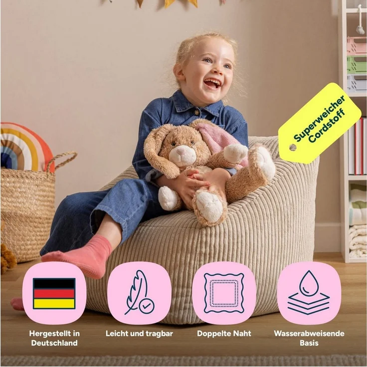 icon Sitzsack Kinder aus Cord Flauschig „Natalia“, 55x44cm, Made in Germany, für Kinderzimmer – Bild 3