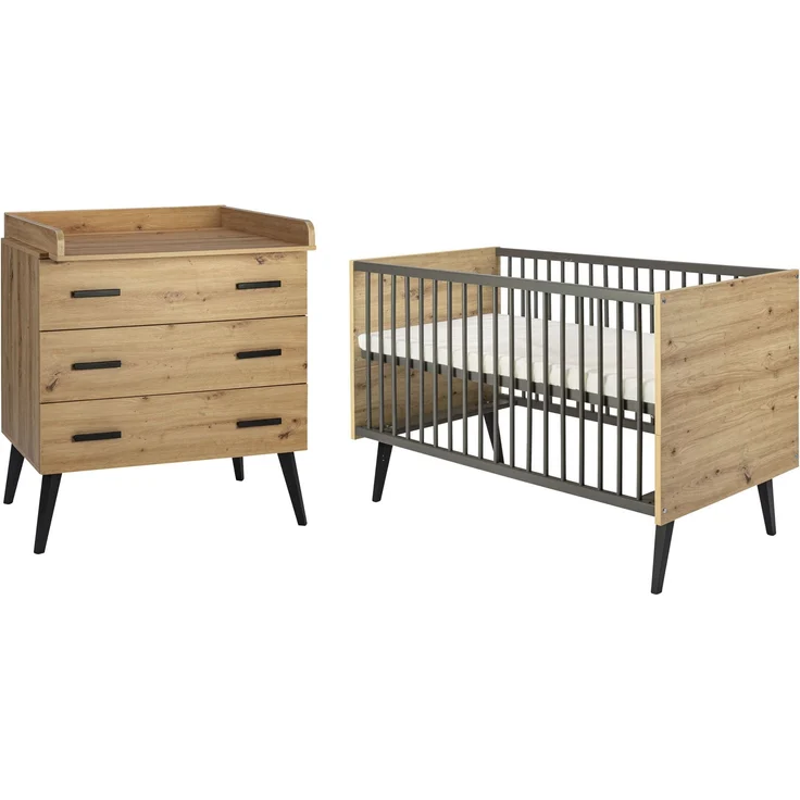 Schardt Kinderzimmer Set Morris Oak 3-teilig Kinderbett Wickelkommode Ansatz – Bild 1