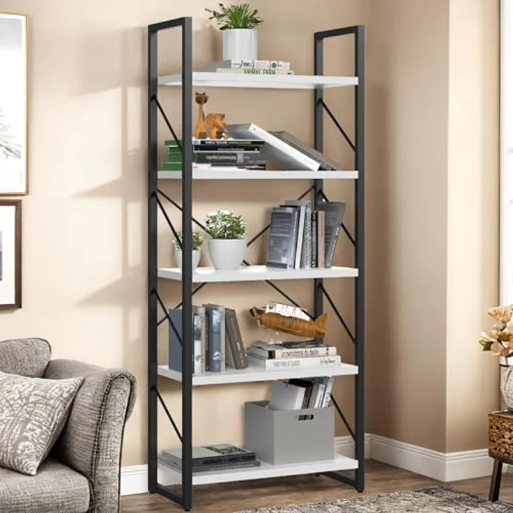 YITAHOME Bücherregal, Standregal mit 5 Ebenen, Hohes Lagerregal mit Metallrahmen, Industrielles Ausstellungsregal, Regaleinheiten, für Wohnzimmer, Schlafzimmer, Homeoffice, Küche, Weiß Regal – Bild 2