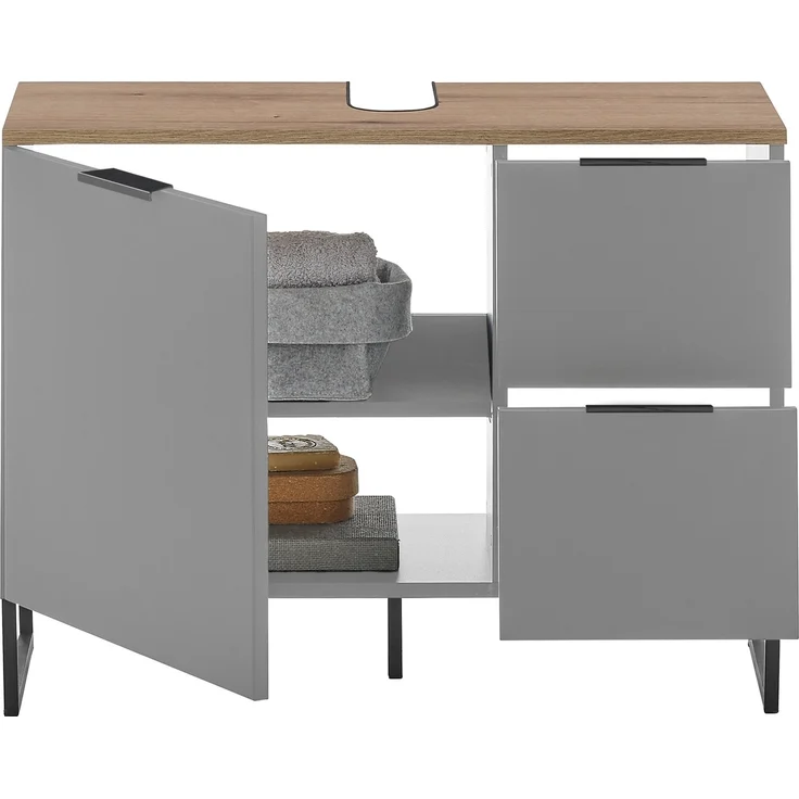 Waschbeckenunterschrank >Denver< 1 Tür, 2 Schübe, grau matt / evoke eiche - 80x60x35cm (BxHxT) – Bild 4