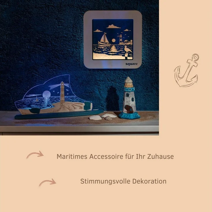 Weigla LED Dekolicht Square Wandbild Maritim, Batterie & Timer, WEIẞ-BLAU, Made in Germany, LED fest integriert, Neutralweiß, Erzgebirge garantiert, maritime Deko Innen, Dekolampe – Bild 2
