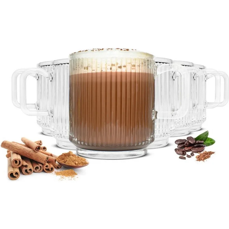 6x Kaffeegläser Teegläser 360 ml Stapelbar mit Reliefstruktur Spülmaschinengeeignet Hitzebeständig – Ideal für Kaffee, Tee, Cappuccino, Latte Macchiato