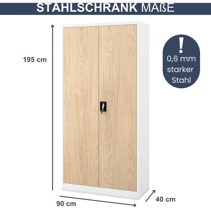 MegaDeal 4x Aktenschrank abschließbar KADO - 5 Ebenen verstellbar, Flügeltüren | Metallschrank Werkstatt Mehrzweckschrank Büroschrank aus Stahl Werkzeugschrank, 195x90x40cm Weiß-Sonoma Eiche – Bild 2