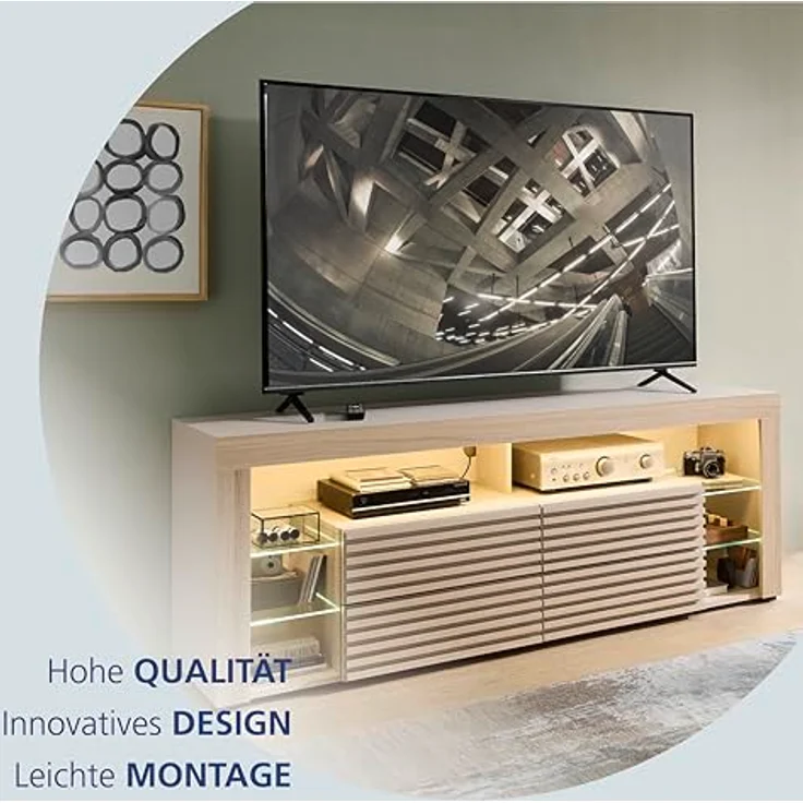 Goal 2 TV-Lowboard mit LED-Beleuchtung in Kaschmir, Riva Eiche Optik - TV Schrank mit viel Stauraum für Ihr Wohnzimmer - 179 x 67 x 44 cm (B/H/T) – Bild 3