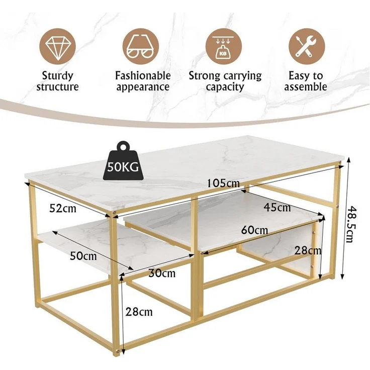 FUROKOY Couchtisch Beistelltisch Sofatisch wohnzimmertisch kaffeetisch 2er set (Quadratische,Set 2 in 1), Modern design Couchtisch mit goldenen beinen,Marmoroptik,Gold + Weiß – Bild 1
