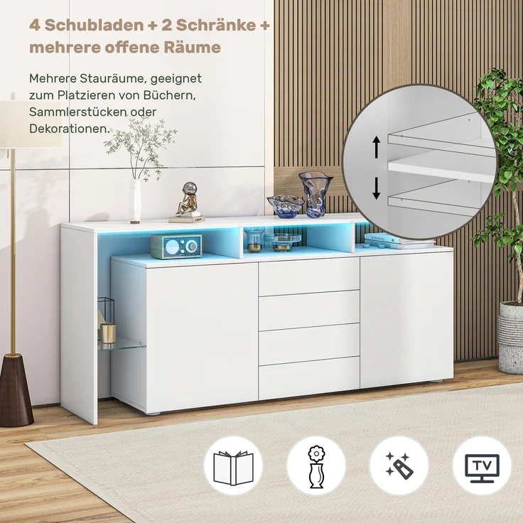 Sideboard Kommode aus Spanplatte mit LED-Beleuchtung, 4 Schubladen & 2 Push-to-Open-Türen, 160x35x70 cm, Weiß – Bild 4