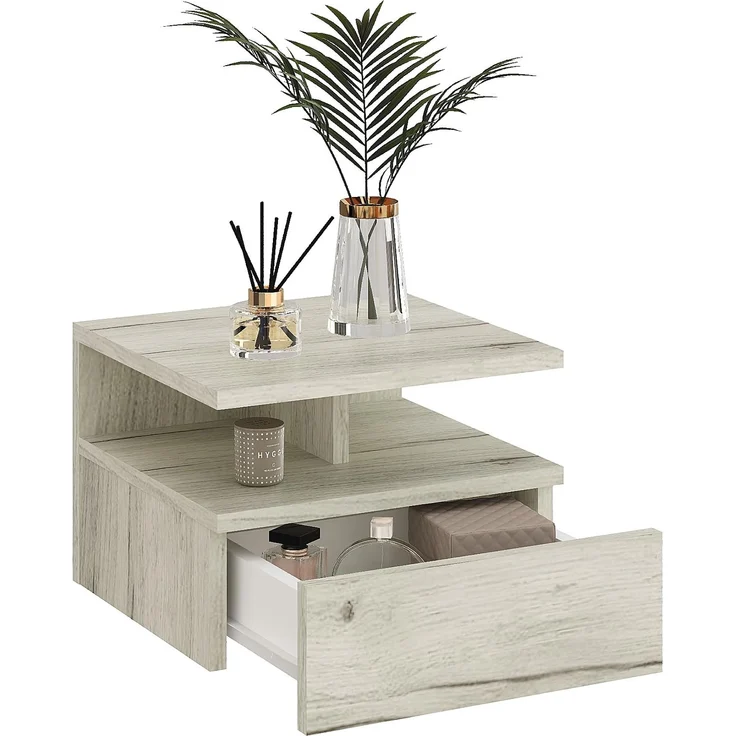 KOMTO Nachttisch Hängend mit Ablage, Wandregal mit Schublade | Nachttisch Weiß Eiche, Nachtschrank Hängend, 35,4 × 32,2 × 24,6 cm