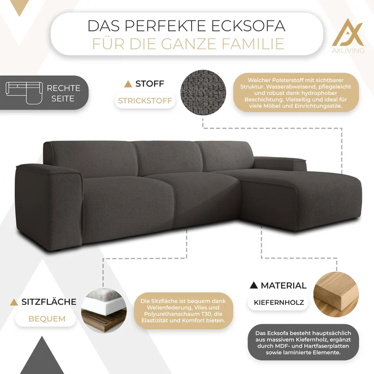 AX LIVING Couch Sofa L Form Didim mini Grau 310 cm breit, stilvoll R – Bild 5