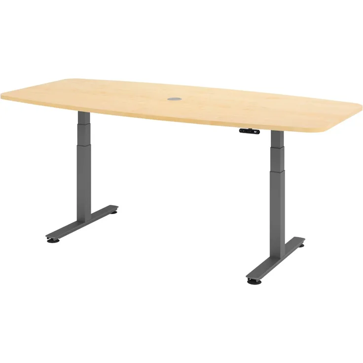 bümö Konferenztisch elektrisch höhenverstellbar 220x103 in Ahorn, Gestell: Graphit - elektrischer Besprechungstisch oval mit Memoryfunktion höhenverstellbarer Meetingtisch, XDSM22-3-G
