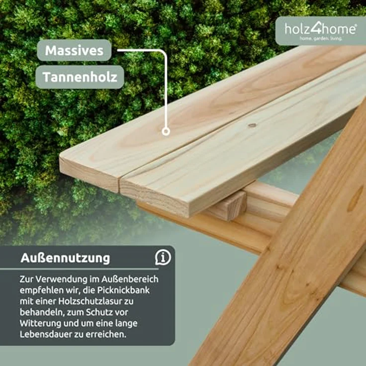 holz4home Outdoor Picknickbank Kinder, massive Kiefernholz-Bank für mehrere Personen, wetterfest und langlebig – Bild 5