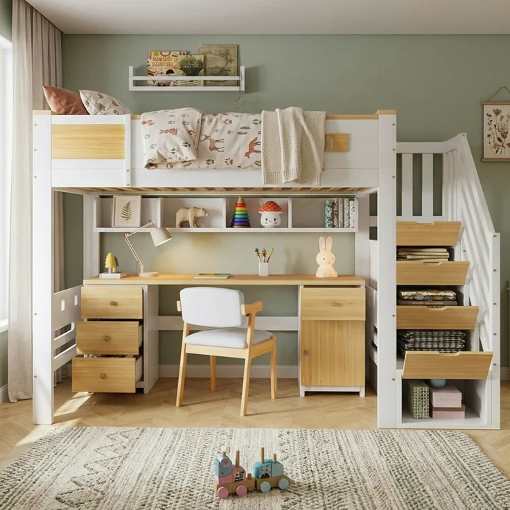 TavilaEcon Hochbett Holzbett mit Schreibtisch, Schubladen, Stauraumtreppe und Hängeregal weiß Liegefläche 90 × 200 cm – Bild 5