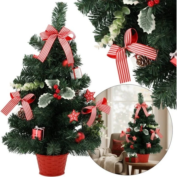 Sarcia. eu Künstlicher Weihnachtsbaum Künstlicher Weihnachtsbaum 60 cm rot mit Stechpalmen geschmückt, klein – Bild 4