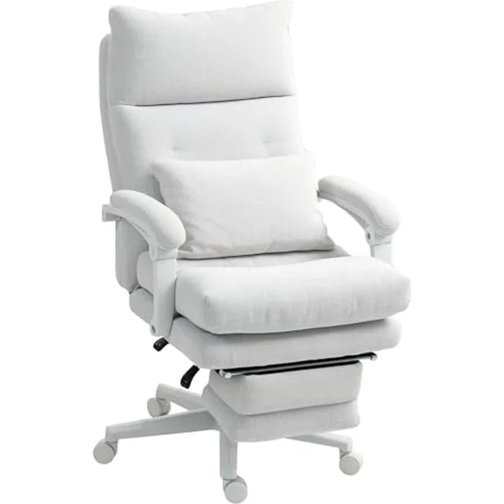 HOMCOM Schreibtischstuhl gepolsterter Bürostuhl mit Fußstütze, Schwenkrädern (höhenverstellbarer Arbeitsstuhl, 1 St), 70 x 68 x 114-122 cm, Cremeweiß – Bild 1