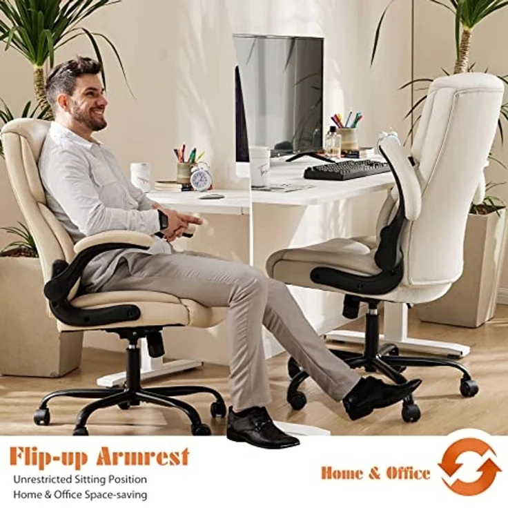 Sweetcrispy Bürostuhl, Ergonomisches Pu-Leder Chefsessel, mit Hochklappbaren Armlehnen, Bürostuhl Leder mit Drehbaren Rädern, Geeignet für Büros, Zuhause und Andere Umgebungen (Weiß) – Bild 6
